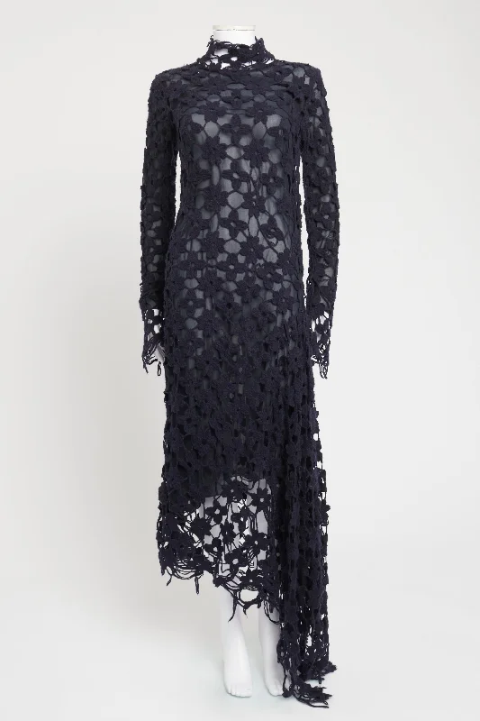 2015 Navy Blue Crochet Wool Preowned Maxi Dress Elegant Maxi Dress with Lace