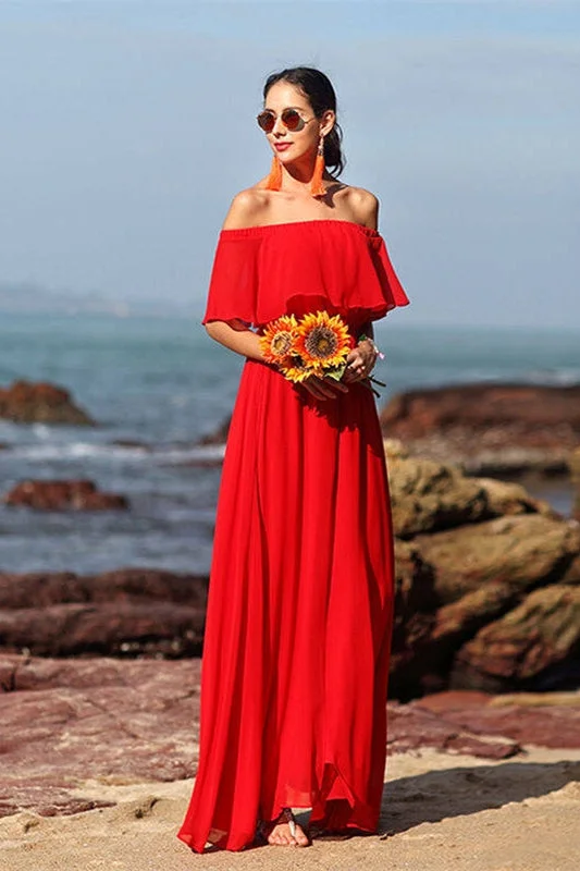 Off the Shoulder Red Chiffon Maxi Dress Chic Button-Up Maxi Dress