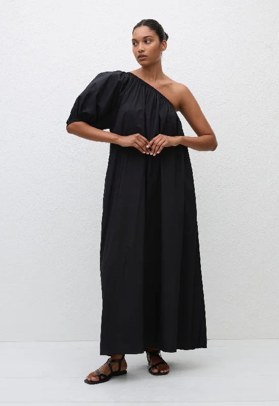 One Shoulder Maxi Dress - Black Trendy Fit-and-Flare Maxi Dress