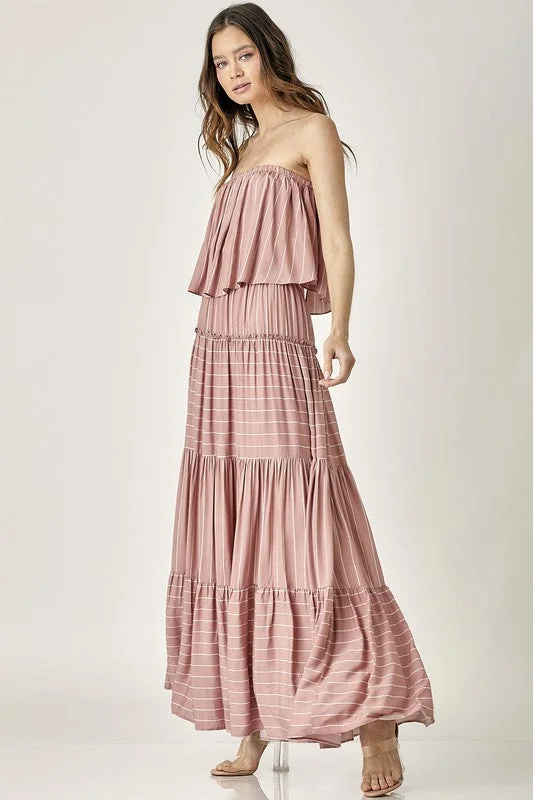 Dusty Rose Pin Stripe Print Tube Maxi Dress Fashionable Sheer Maxi Dress