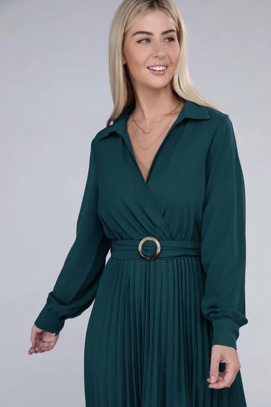 Dark Green Pleated Long Sleeve Maxi Dress with Belt Classic A-Line Maxi Dress