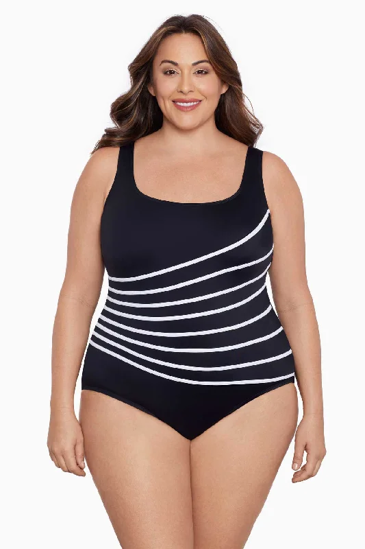 Plus Size 8 Overlay Fan Tank Long Torso One Piece Swimsuit Block It Up Chic Bikini Set