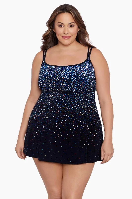 Plus Size Empire Princess Seam Long Torso Swim Dress Rainbow Sprinkles Comfortable Swim Dress