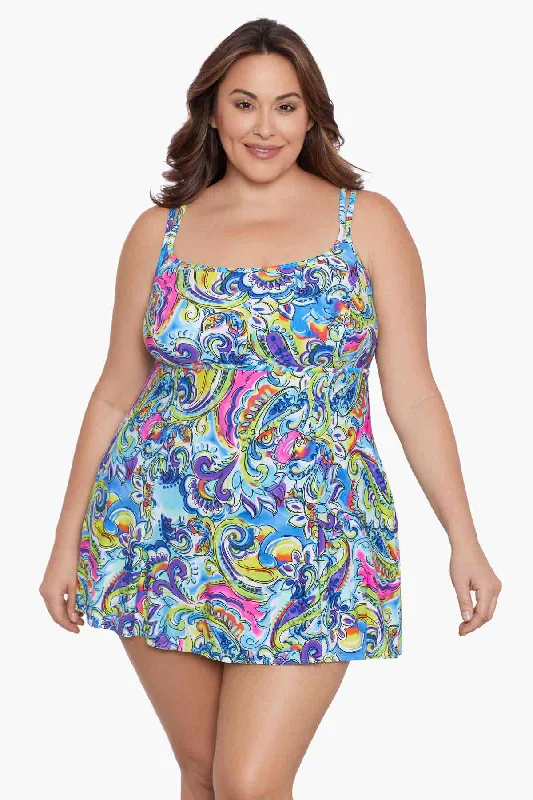 Plus Size Empire Princess Seam Swim Dress Paisley Seas Stylish Swimsuit Set