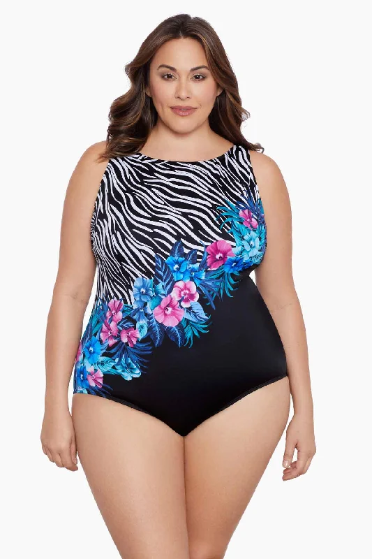 Plus Size Panel Scoopback Highneck Tank Long Torso One Piece Swimsuit Glamour Floral Sexy Monokini Swimsuit