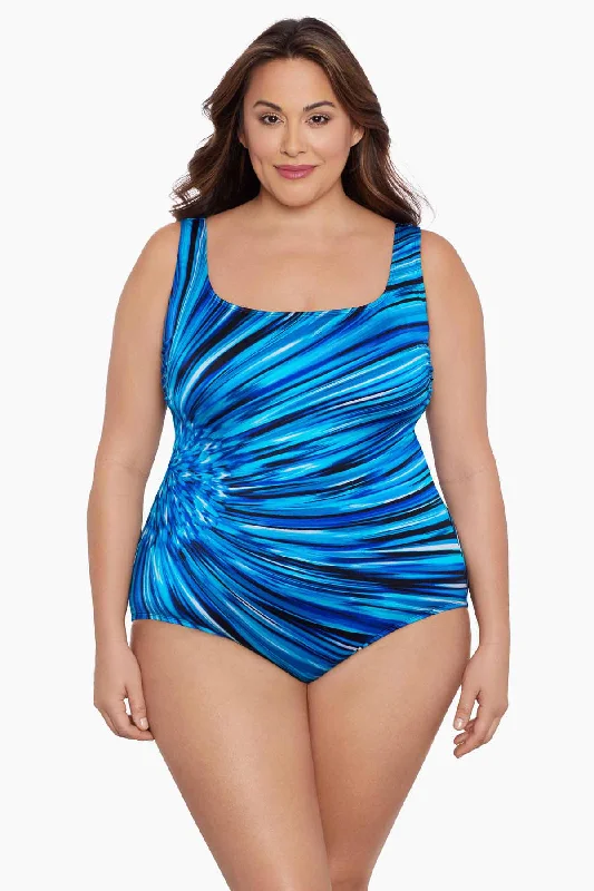 Plus Size Panel Scoopneck Long Torso One Piece Swimsuit Tank Sparks Fly Retro Swimwear Style