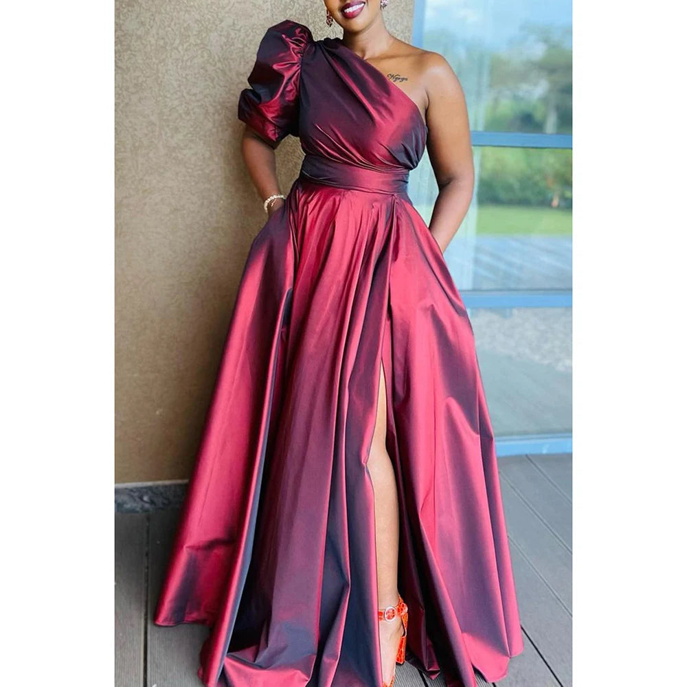 Plus Size Red Formal One Shoulder Split Ruffle Maxi Dresses Comfortable Pleated Maxi Dress