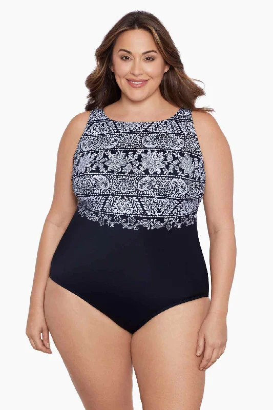 Plus Size Scoopback Highneck Tank Long Torso One Piece Swimsuit Night Seas Cross-Back Bikini