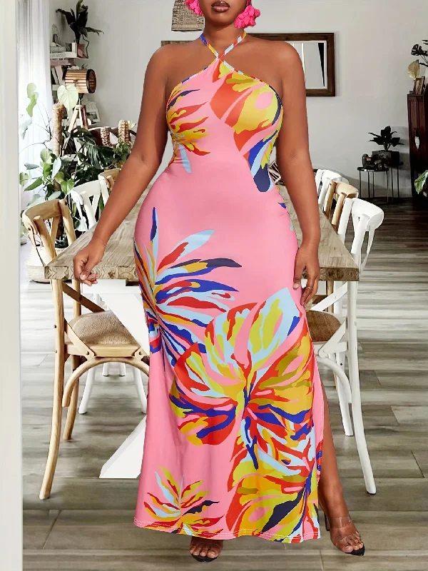 Plus Size Tropical Print Halter Neck Vacation Style Backless Split Side Bodycon Maxi Dress Fashionable High-Waist Maxi Dress