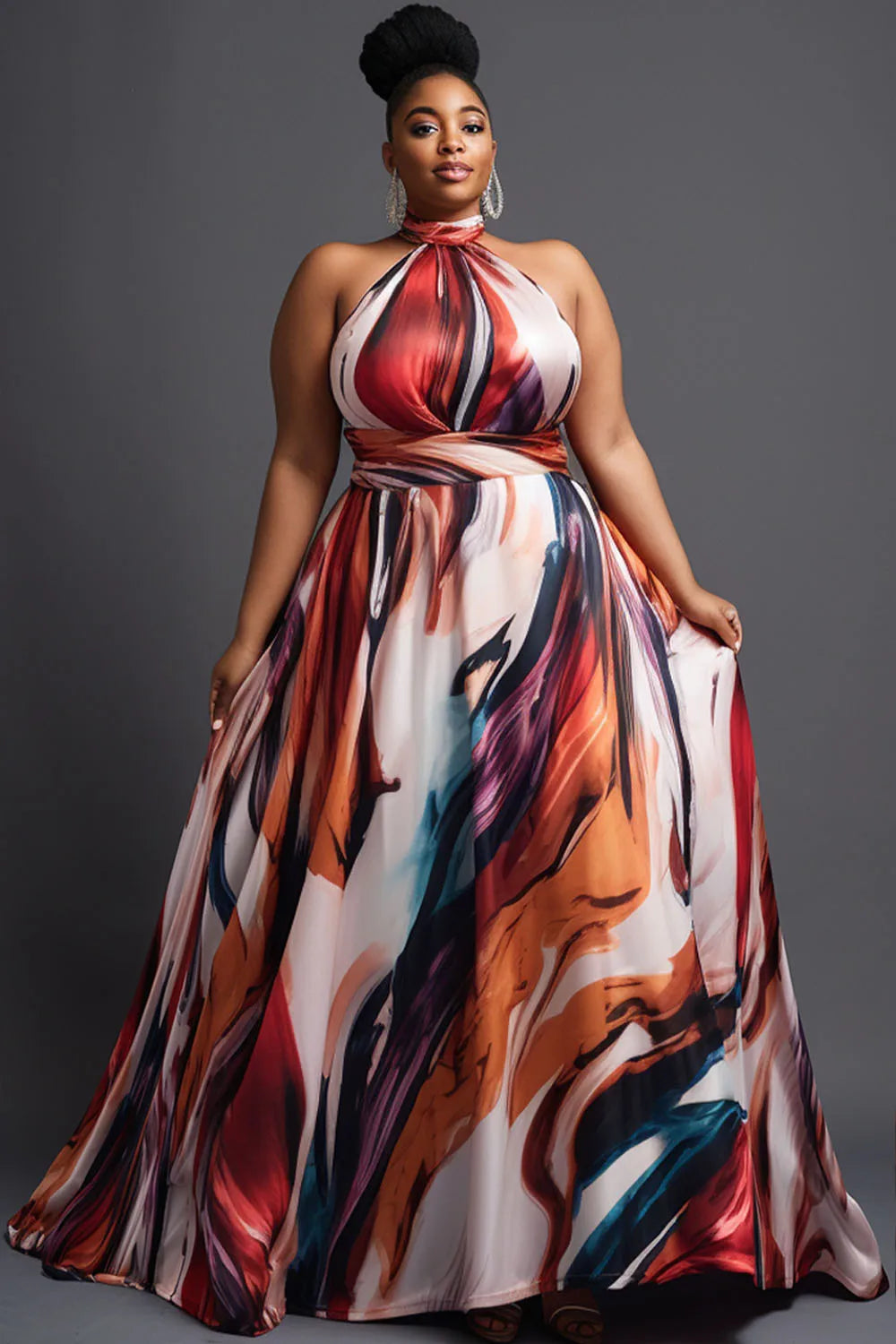 Plus Size Women's Evening Dress Halter Multicolor Strapless Sexy Elegant Cocktail A-Line Long Dress Satin Backless Maxi Dress Trendy Floral Print Maxi Dress