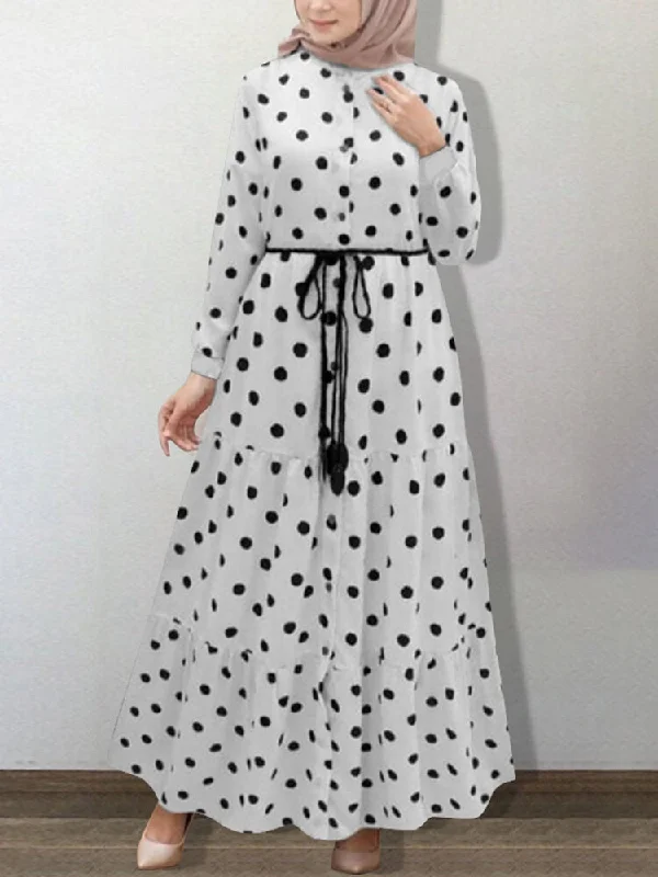 Polka Dot Lapel Tassel Lace-up Long Sleeve Casual Ruffle Women Maxi Dress Trendy Fit-and-Flare Maxi Dress