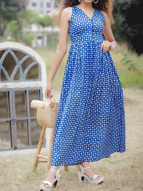 Polka Dot Maxi Dress Blue Comfortable Bohemian Maxi Dress