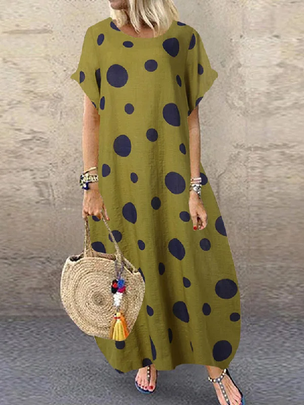 Polka Dot Print O-neck Loose Bohemian Long Women Maxi Dress Elegant Tiered Maxi Dress