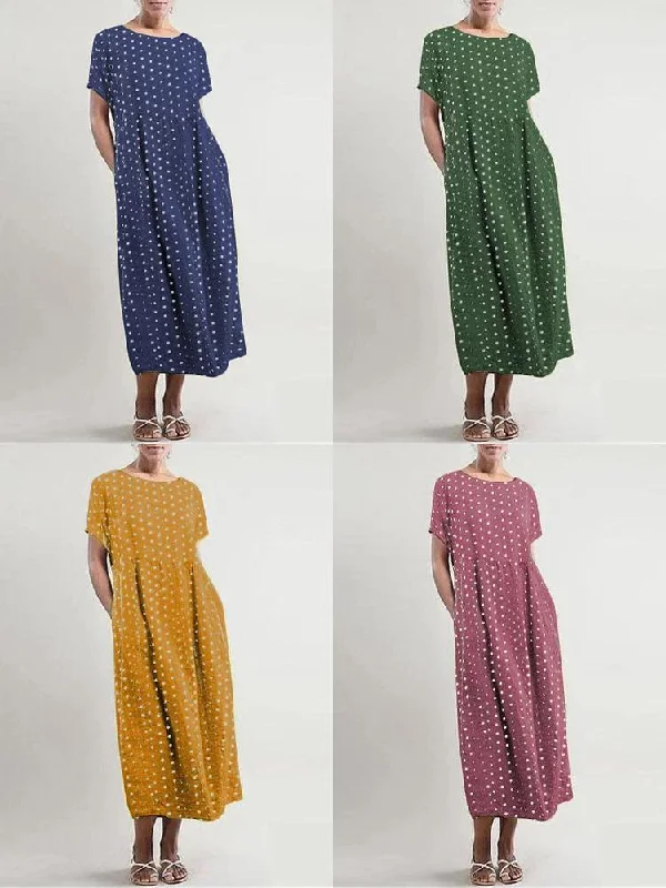 Polka Dot Print O-neck Short Sleeve Casual Women Maxi Dress Fashionable Faux Wrap Maxi Dress