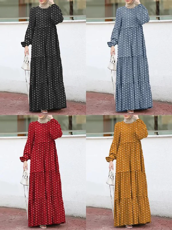 Polka Dot Puff Sleeve Tiered Swing Bohemian Kaftan Women Maxi Dress Cozy Longline Maxi Dress