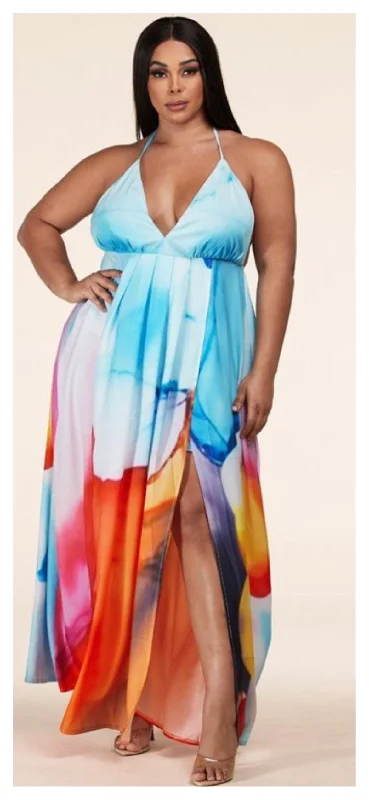 Pretty Watercolor Summer Maxi Dress (plus Size) Comfortable Ruffle Hem Maxi Dress