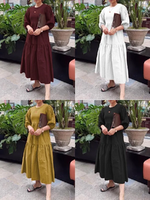 Pure Color Puff Sleeve Ruffles Hem Tiered 3/4 Sleeve Bohemian Women Maxi Dress Comfortable Satin Maxi Dress