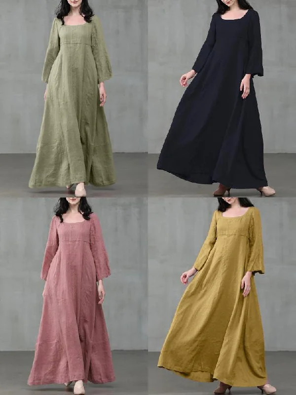 Pure Color Square Neck Ruffles Sleeve Zipper Loose Casual Women Maxi Dress Elegant Tiered Maxi Dress