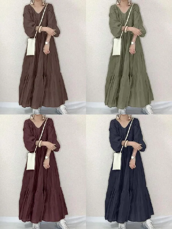 Pure Color Tiered V-neck Puff Sleeve Casual Women Maxi Dress Elegant Sleeveless Maxi Dress