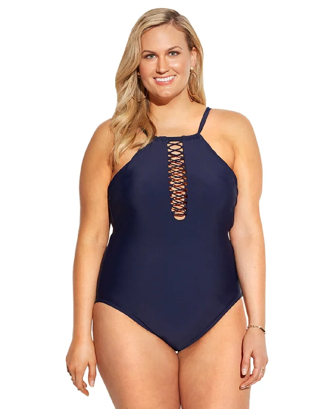 Raisins Curve Navy Ola Plus Size Lace High Neck One Piece Swimsuit Modern High-Waisted Swimsuit