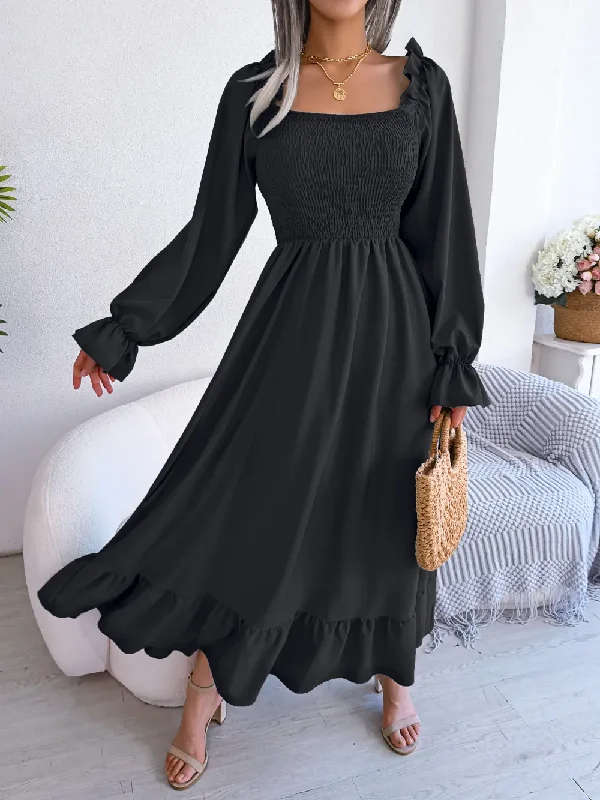 Ramadan /Eid Women Fashion Casual Square Collar Large Ruffled Maxi Dress Fashionable Button-Down Maxi Dress