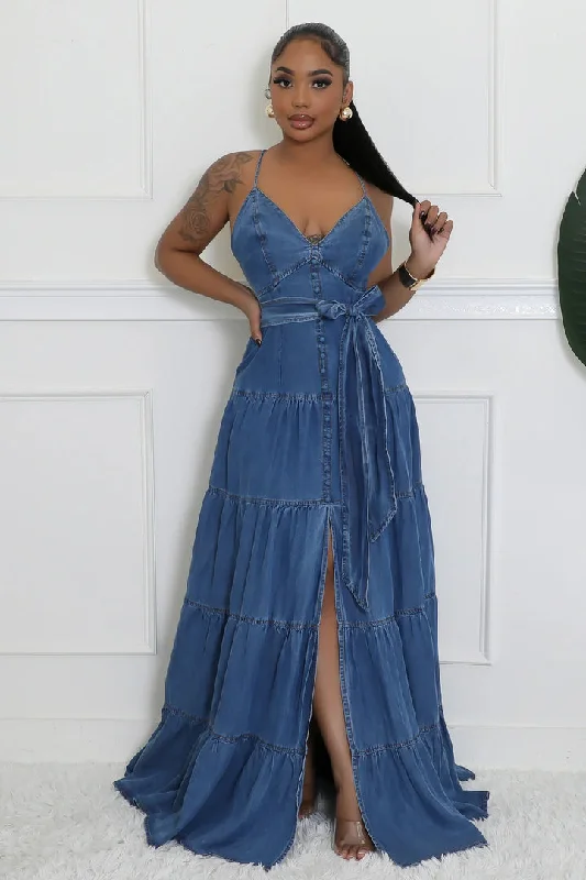 Rosetta Strappy Denim Maxi Dress Chic Summer Floral Maxi Dress