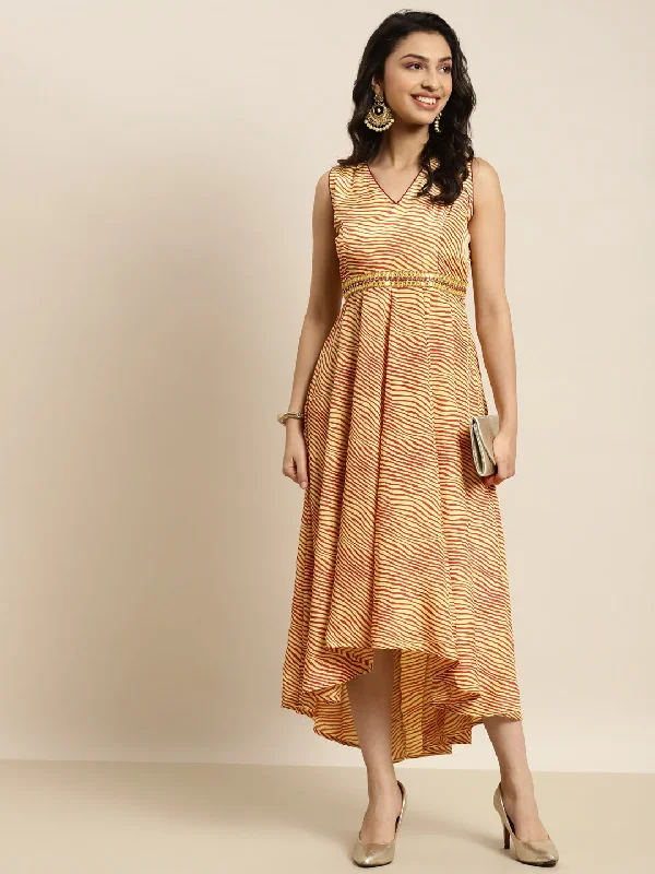 Women Mustard Lehariya High Low Anarkali Maxi Dress Fashionable Sleeveless Maxi Dress