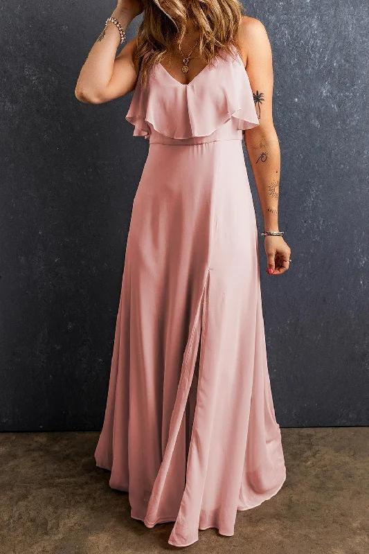 Slit Ruffled V-Neck Maxi Dress Stylish One-Shoulder Maxi Dress