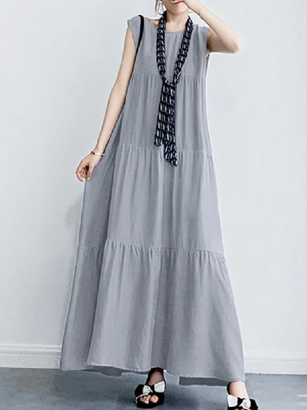 Solid Color O-neck Sleeveless Ruffles Hem Pleated Women Maxi Dress Comfortable Satin Maxi Dress