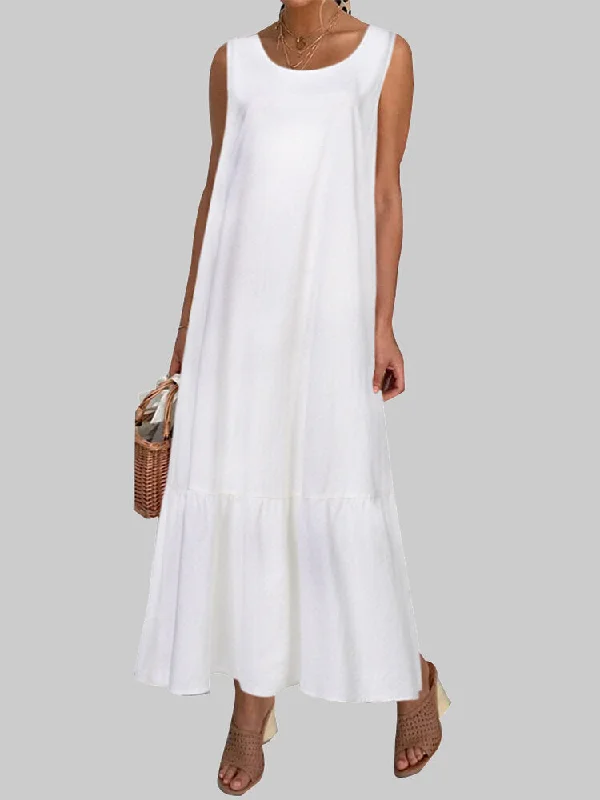 Solid Color Sleeveless O-neck Loose Casual Women Maxi Dress Fashionable Button-Down Maxi Dress