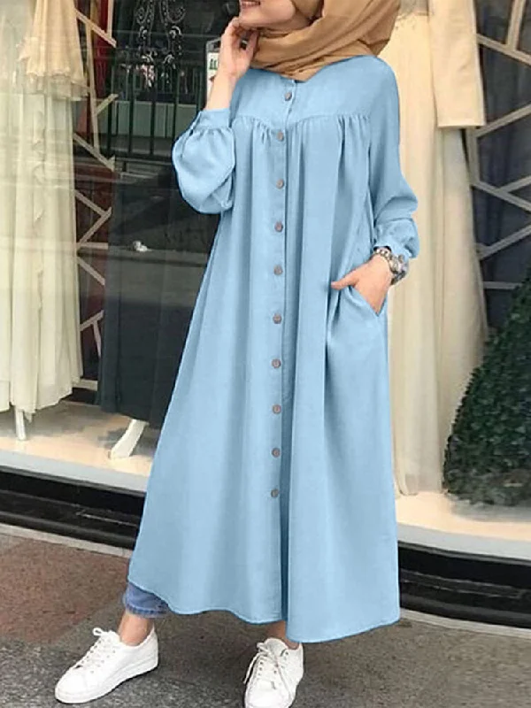 Solid Color Stand Collar Button Down Front Leisure Loose Pockets Women Maxi Dress Stylish Longline Maxi Dress