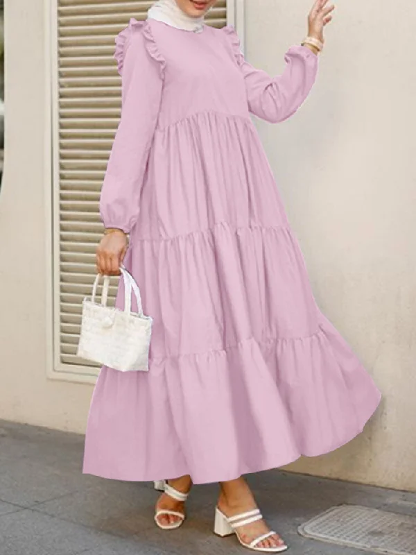 Solid Cotton Ruffles Hem Layered O-neck Tiered Casual Long Sleeve Women Maxi Dress Trendy Short Sleeve Maxi Dress