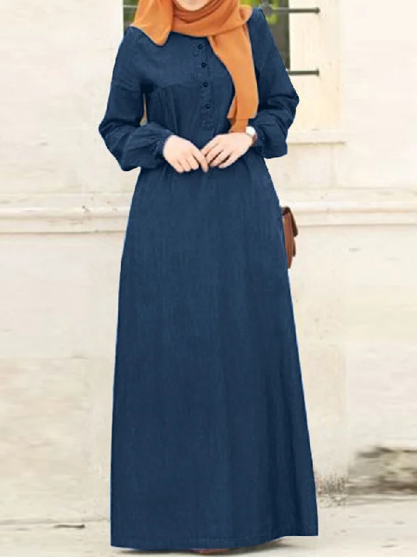 Solid Denim Button Down Elastic Cuffs Kaftan Loose Women Maxi Dress Elegant Maxi Dress with Pockets