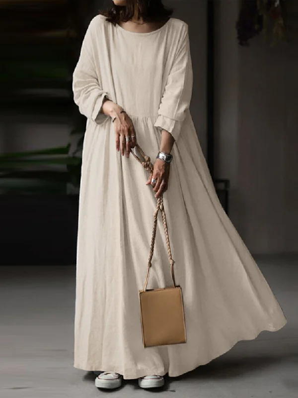 Solid Round Neck Cotton Long Sleeve Casual Pocket Women Maxi Dress Trendy Maxi Dress with Bow