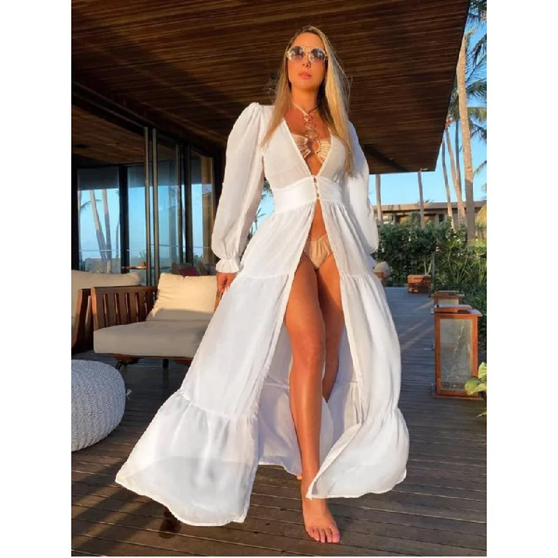 ST9203028 Sexy Self Belted Long White Kimono Dress Bikinis Cover ups Skirt Women Clothing Beach Wear SwimSuit Cover Up Beach Ready Swimsuit