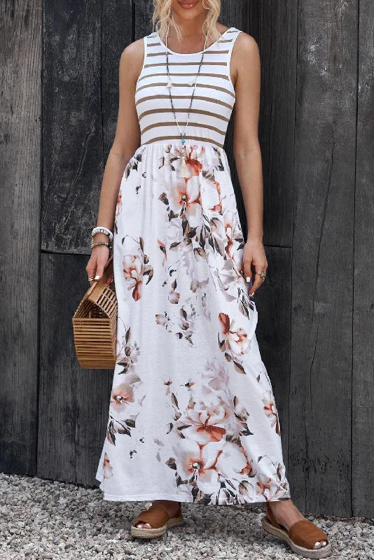 Striped Floral Sleeveless Maxi Dress Trendy Short Sleeve Maxi Dress