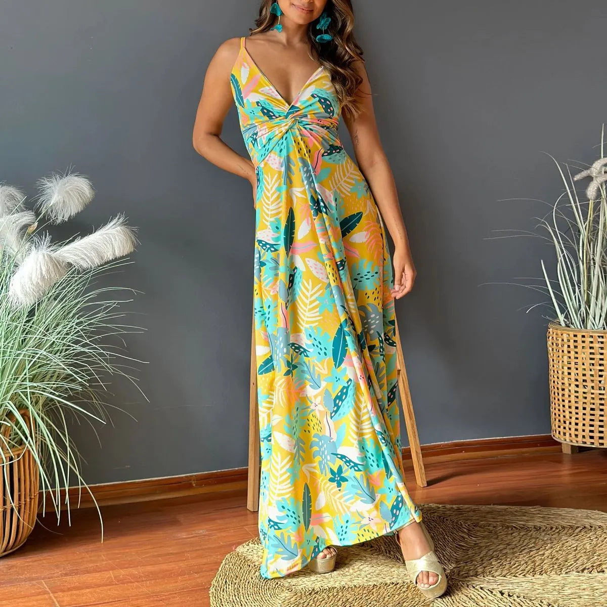 Summer Women Casual Bohemian V-Neck Floral Print Maxi Dress Comfortable Bohemian Maxi Dress