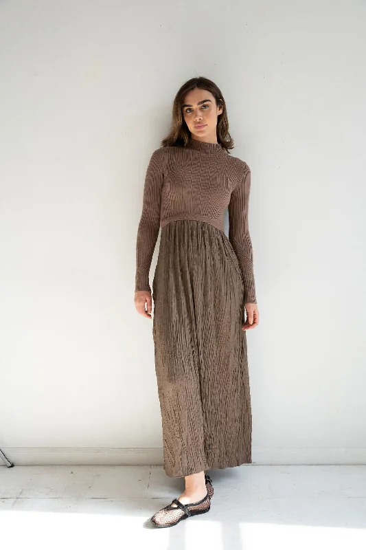 Taupe Knit Contrast Fabric Maxi Dress Comfortable Ruffle Hem Maxi Dress