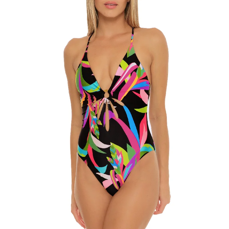 Trina Turk Birds of Paradise Cut Out Maillot Womens Swimsuit Plunge Neckline Swimsuit