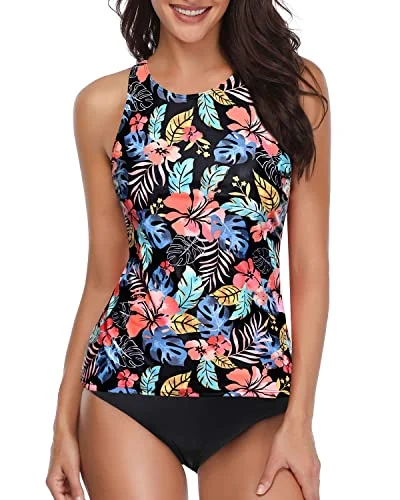 Deep Scoop Back Tankini 2 Piece Swimsuit-Black Red Flower Push-Up Bikini Bottoms