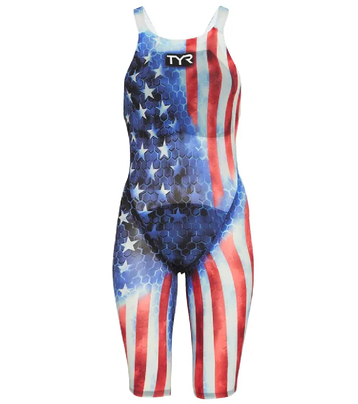 TYR Women's Avictor Supernova USA Closed Back Tech Suit Swimsuit Flirty Ruffle Swimsuit