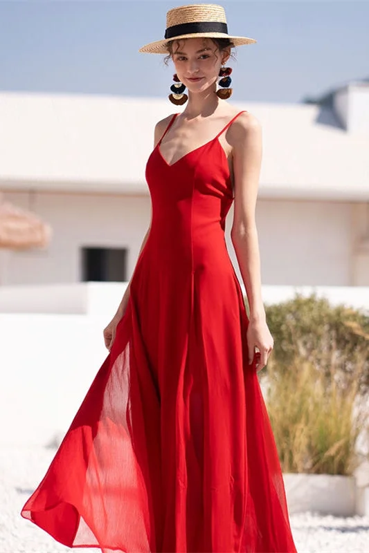 V Neck Red Chiffon Maxi Dress Fashionable High-Waist Maxi Dress