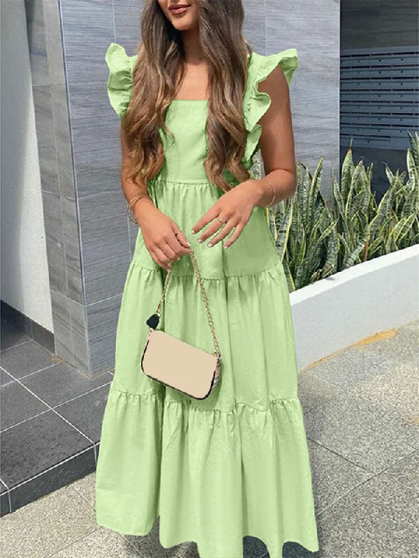 Vacation Pure Color Square Collar Sleeveless Ruffled Layered Stitching A-line Women Maxi Dress Stylish Boho Maxi Dress