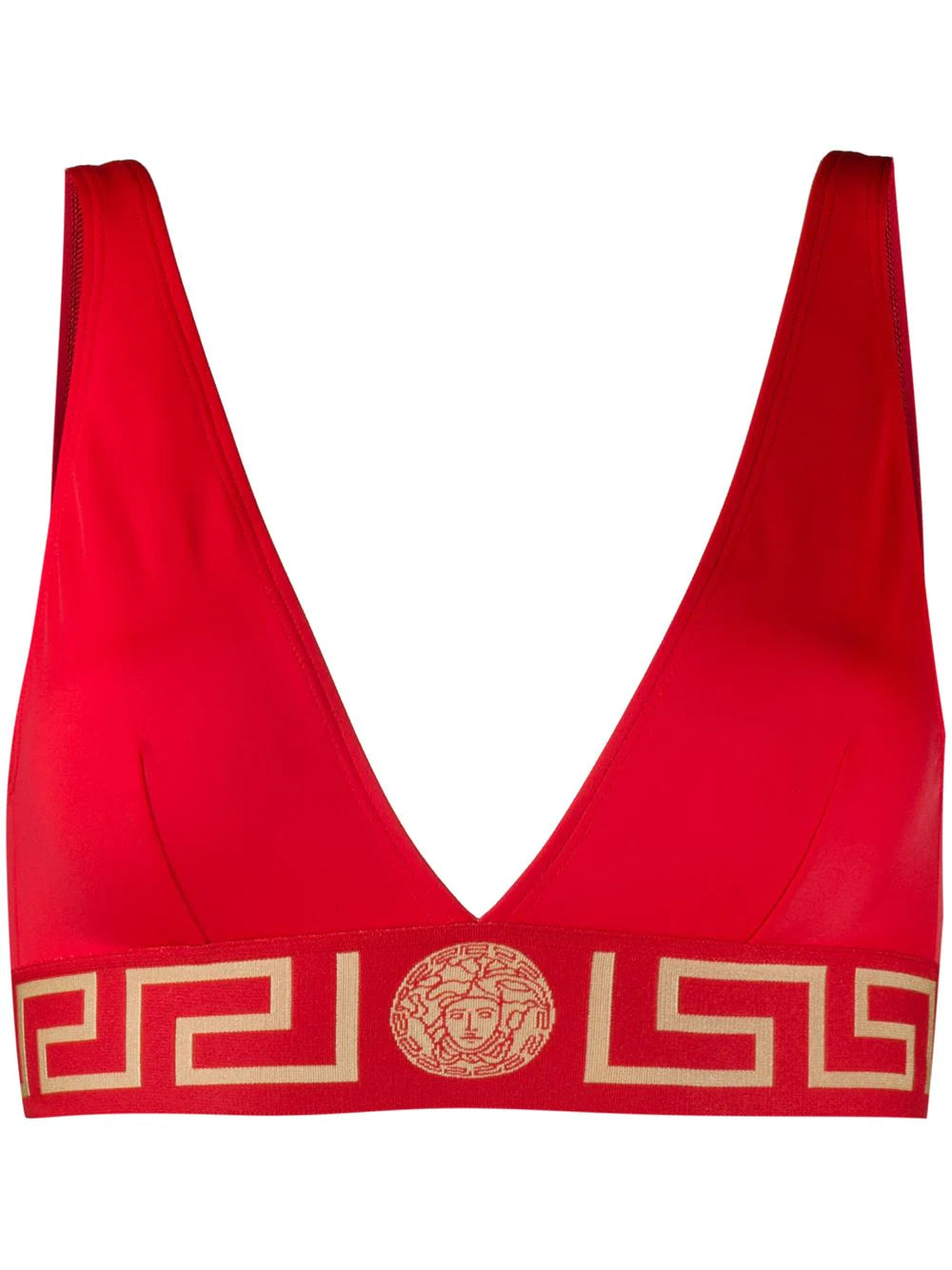 Versace Red Greek Key Triangle Swim Top Mesh Panel Swimwear