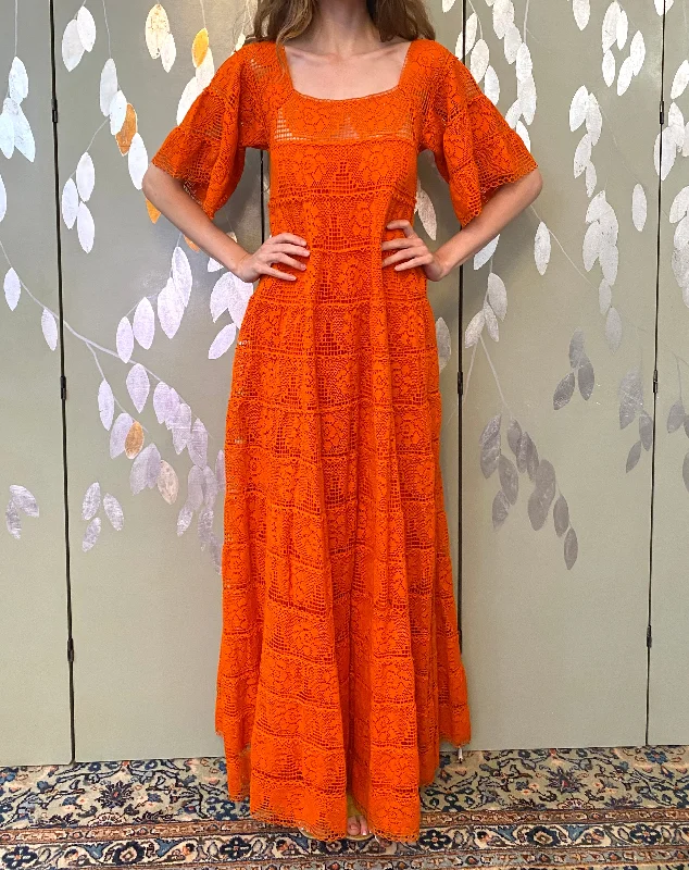 Vintage 1970s Orange Cotton Lace Tachi Castillo Mexican Maxi Dress, XS Trendy Maxi Dress with Bow