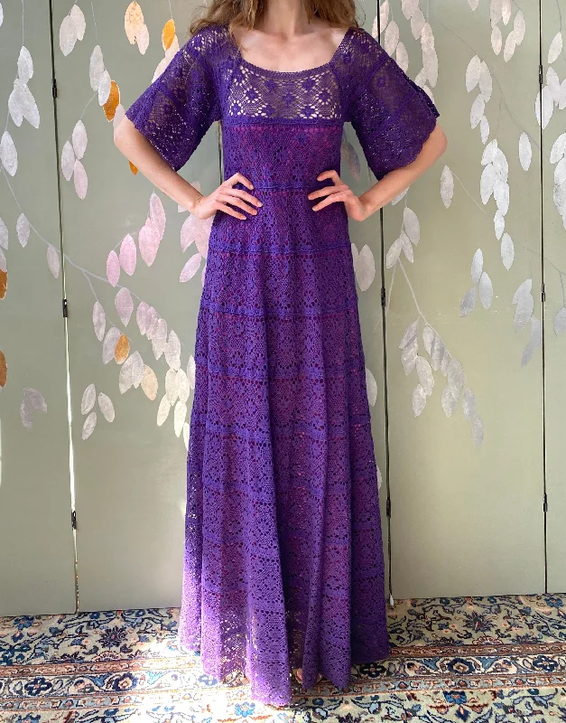 Vintage 1970s Purple Cotton Lace Tachi Castillo Mexican Maxi Dress, XS Trendy Fit-and-Flare Maxi Dress