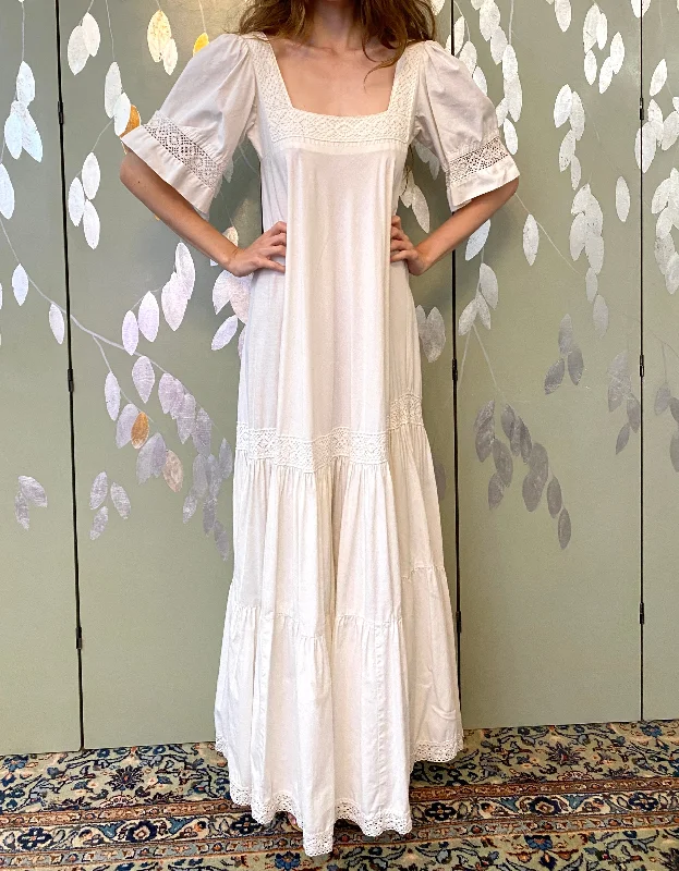 Vintage 1970s White Cotton Crochet Laura Ashley Maxi Dress, XS Stylish Boho Maxi Dress