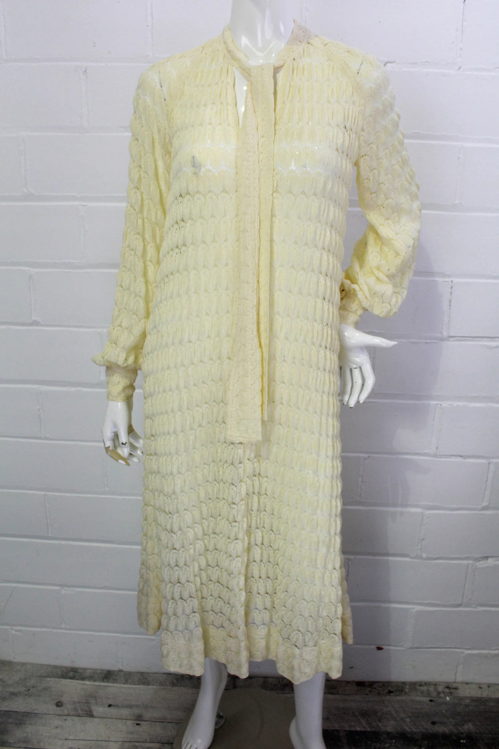 Vintage 1980s Rare Jean Muir Cream Knit Crochet Maxi Dress with Bishop Sleeves, B36 Comfortable Satin Maxi Dress