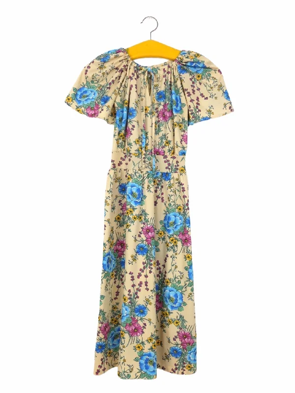 Vintage 70s Mod Hippie Psychedelic Floral Patterned Butterfly Flare Sleeve Short Sleeve Keyhole Neckline Circle Maxi Dress | Size Extra Small-Small Elegant Maxi Dress with Slit