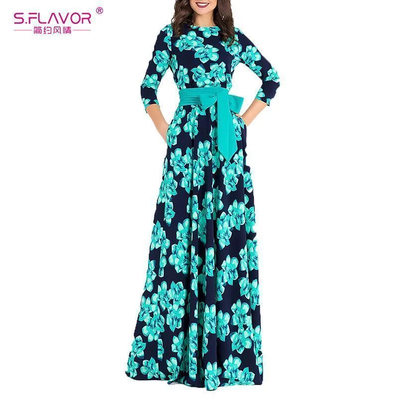 Women Bohemian Print Maxi Dress Trendy Maxi Dress with Bow